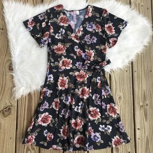 Alya Faux Wrap Floral Rose Tie Fit and Flare Dress